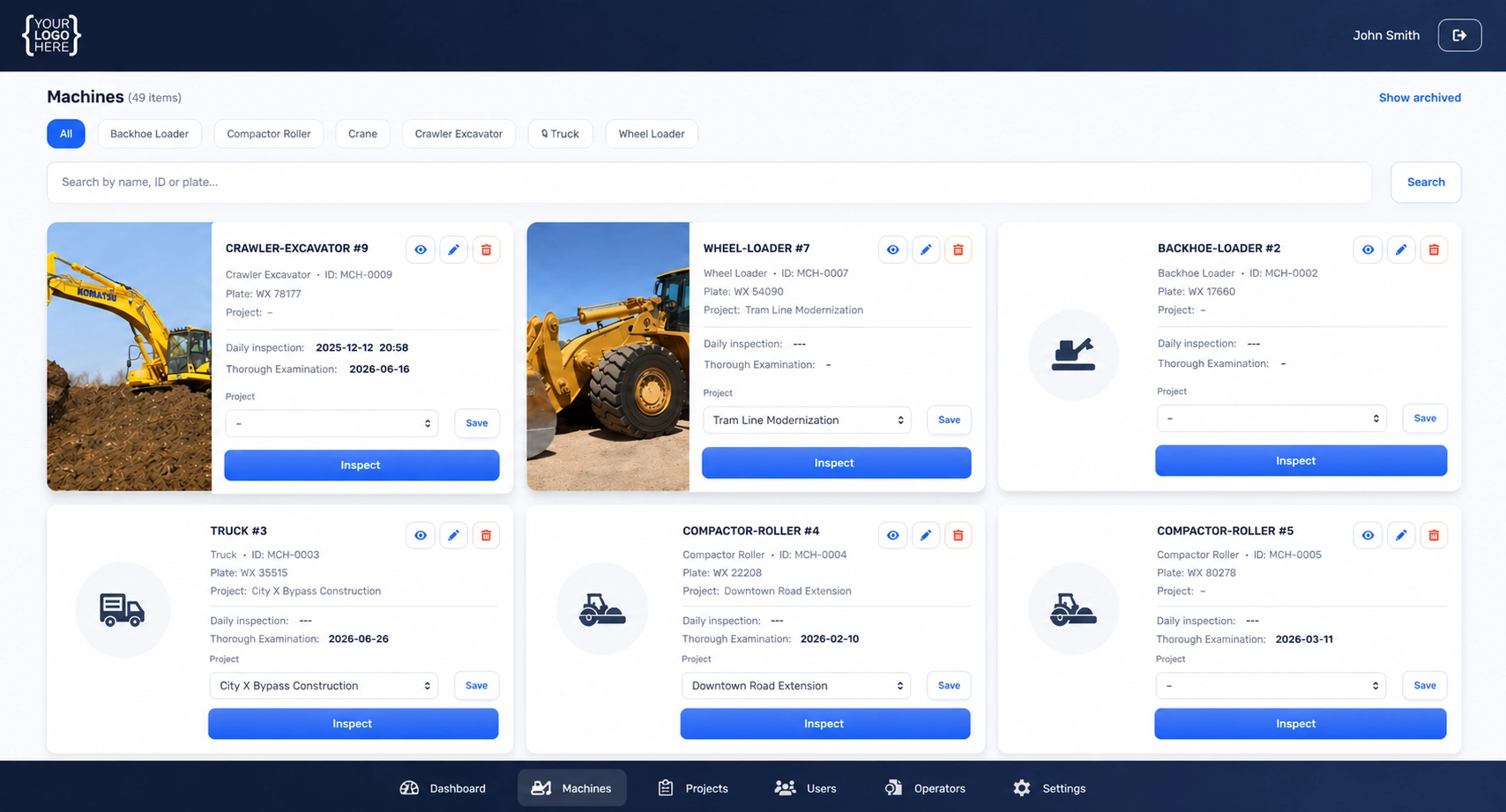 Construction machinery inspection dashboard