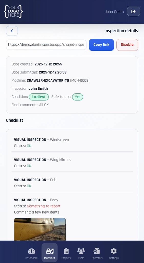 Machine inspection mobile view screenshot